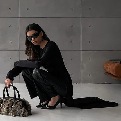 "Regular Asymmetric Slit Solid Color Long Sleeve Dress"