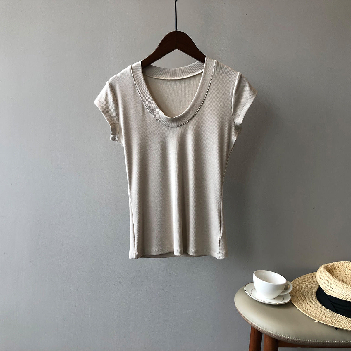 Women Solid Stretch T shirt  U Collar