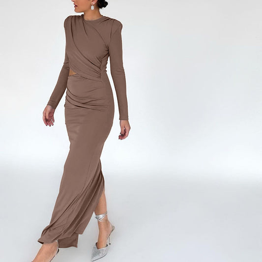 "Hip Slim Pleated Dress with Split & Hollow Out"
