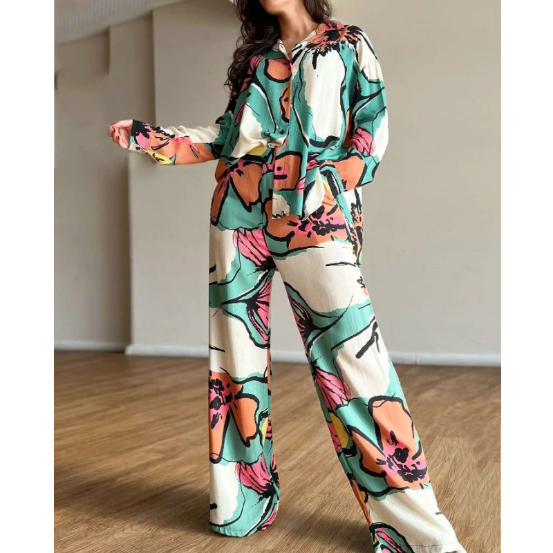 Printed  High Waist Wide Leg Pants Set