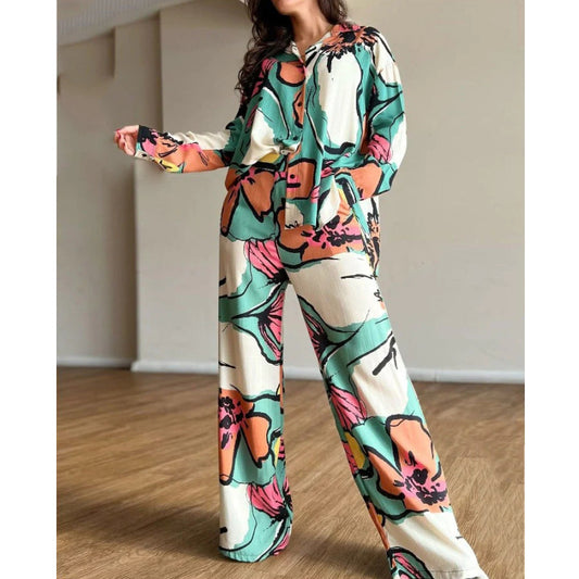 Printed  High Waist Wide Leg Pants Set