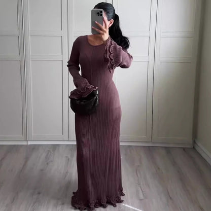Solid Color round Neck Long Sleeve Slim Fit  Dress