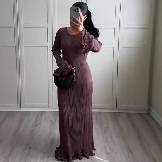 Solid Color round Neck Long Sleeve Slim Fit  Dress