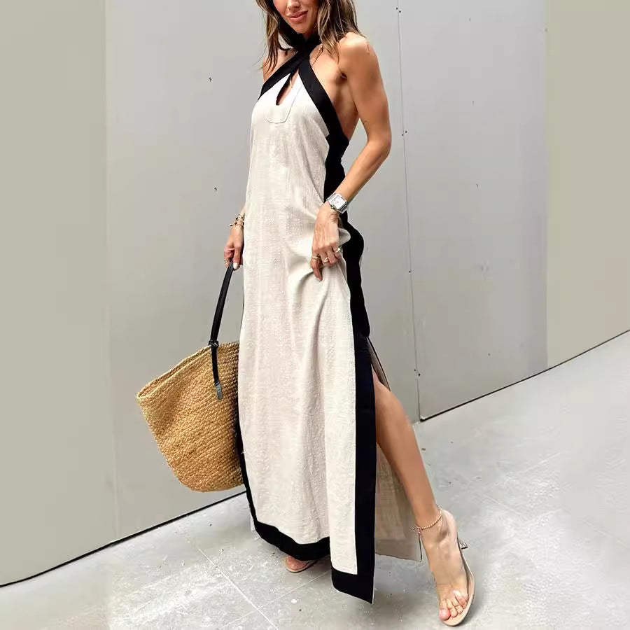 Summer Cotton Linen Backless Halter Split Dress