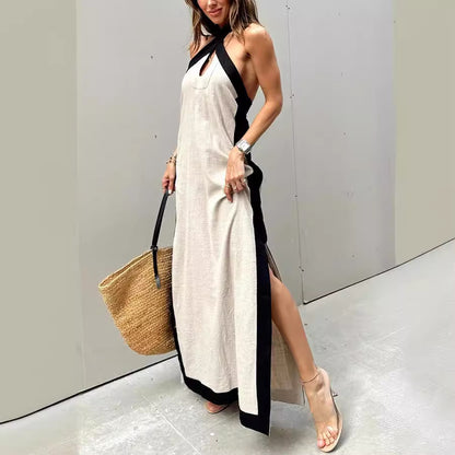 Summer Cotton Linen Backless Halter Split Dress
