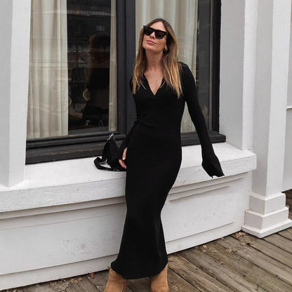 Long Sleeve  Maxi Dress Knitted Deep V Plunge Sweater