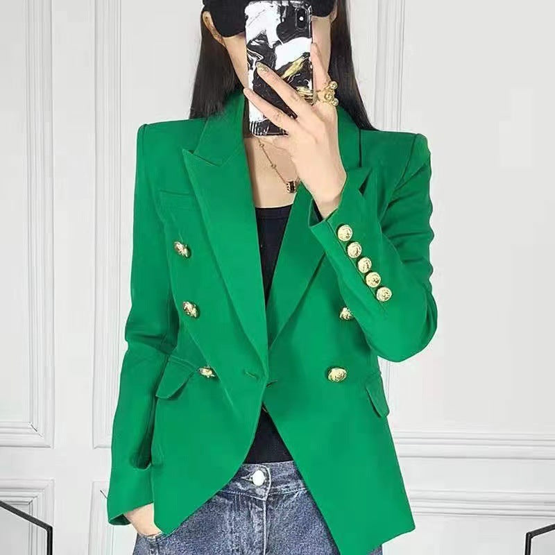 Metal Lion Head Buckle Double Breasted Blazer