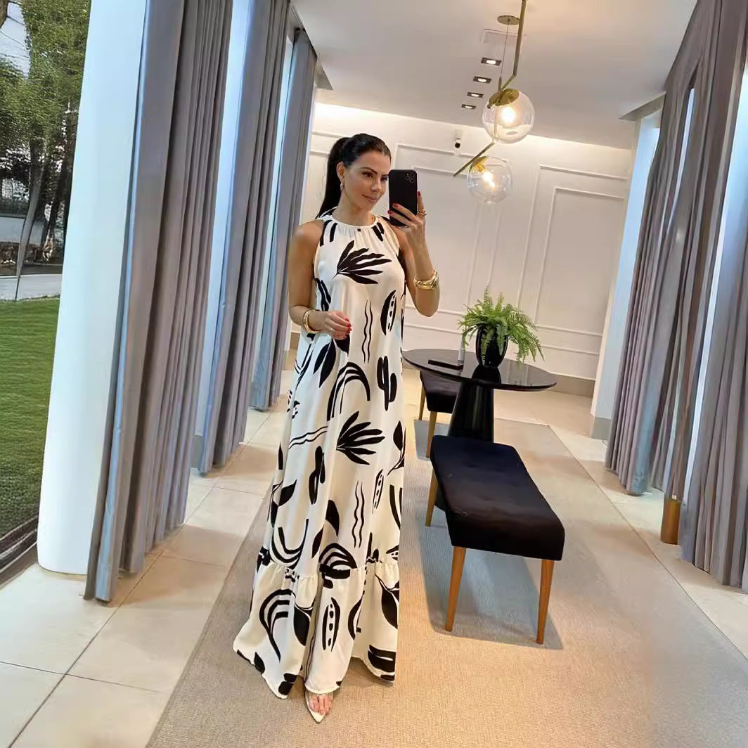 "Black and White Printed Strap Mop Dress"