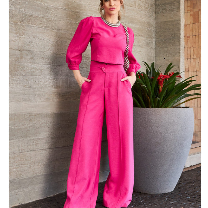 Long-Sleeved Top High Waist Wide Leg Pants Two Piece Set