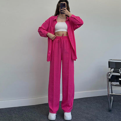 "Elegant Two-Piece Suit: Long Sleeve Shirt & Pleated Pants Set"