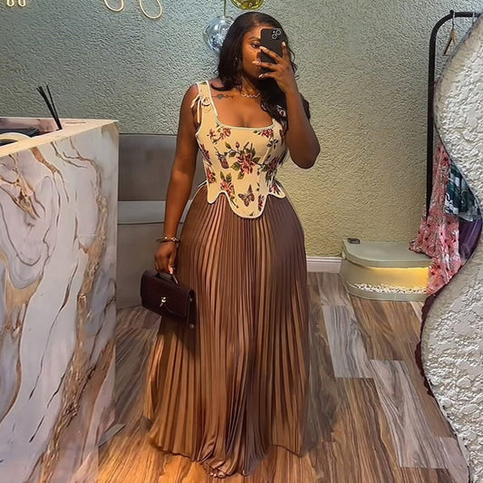 Brown Elegant slim-fit floral maxi skirt and top set