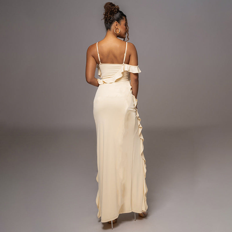 Solid Color Backless Slit Splicing Sling Maxi Dress