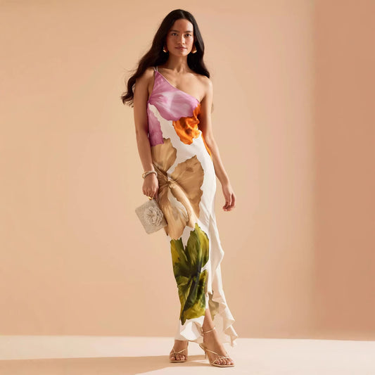 Oblique Shoulder Positioning Printed Dress