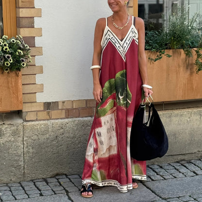 Printed V neck Loose Big Hem  Casual Vacation Dress