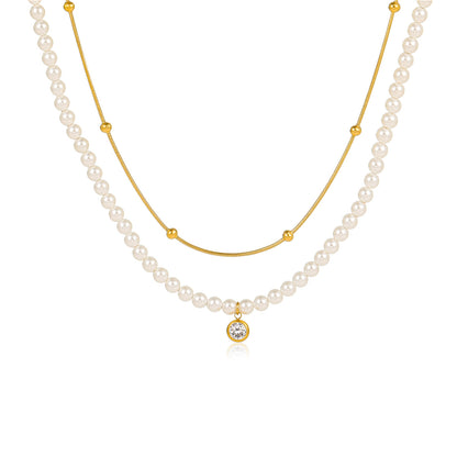 "Double Chain Pearl & Zircon Titanium Necklace – 18K Clavicle Chain"