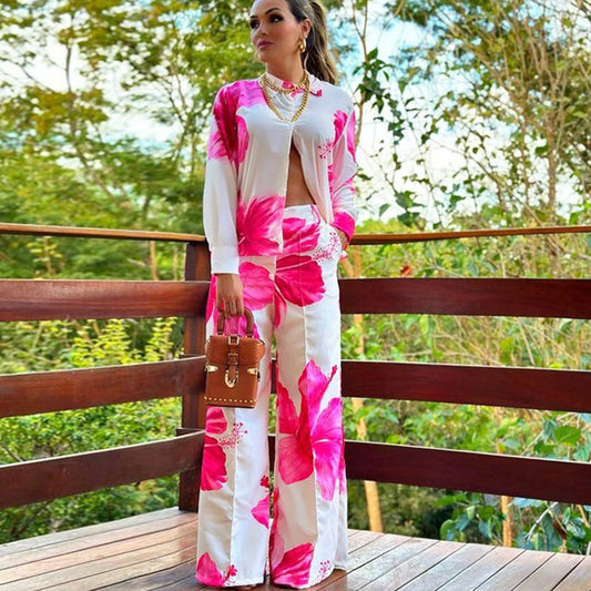 "Women’s Printed Shirt & Wide Leg Pants Two-Piece Suit"