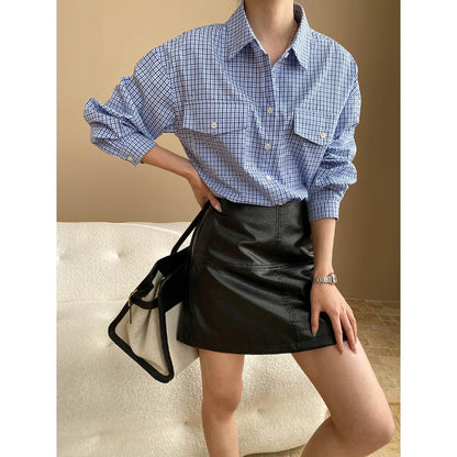 "Early Spring Double Pocket Plaid Collared Shirt"
