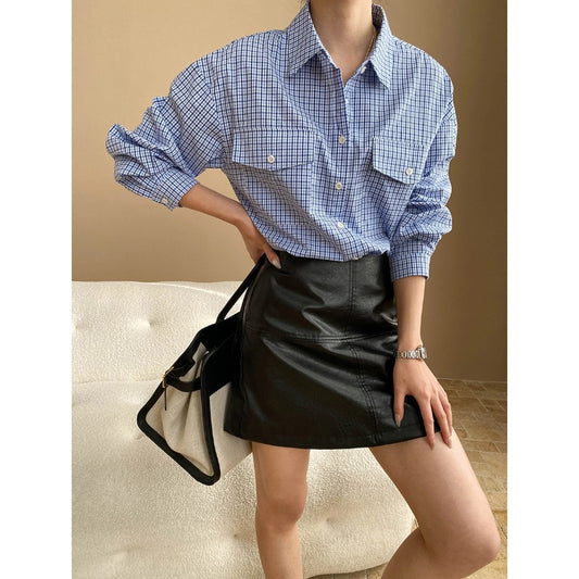 "Early Spring Double Pocket Plaid Collared Shirt"