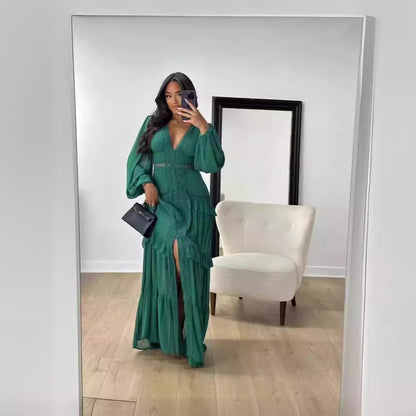 Stitching Long Sleeve V Neck Dress