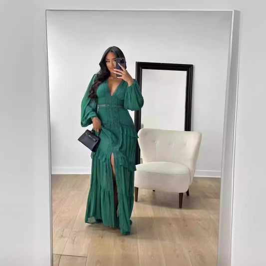Stitching Long Sleeve V Neck Dress