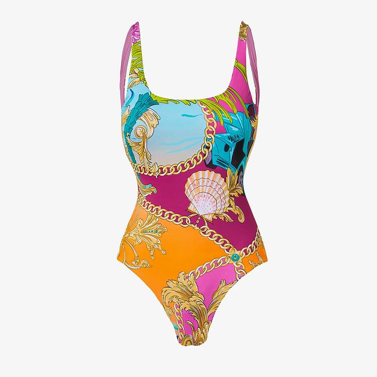 One Piece Swimsuit Set  Printed Contrast Color