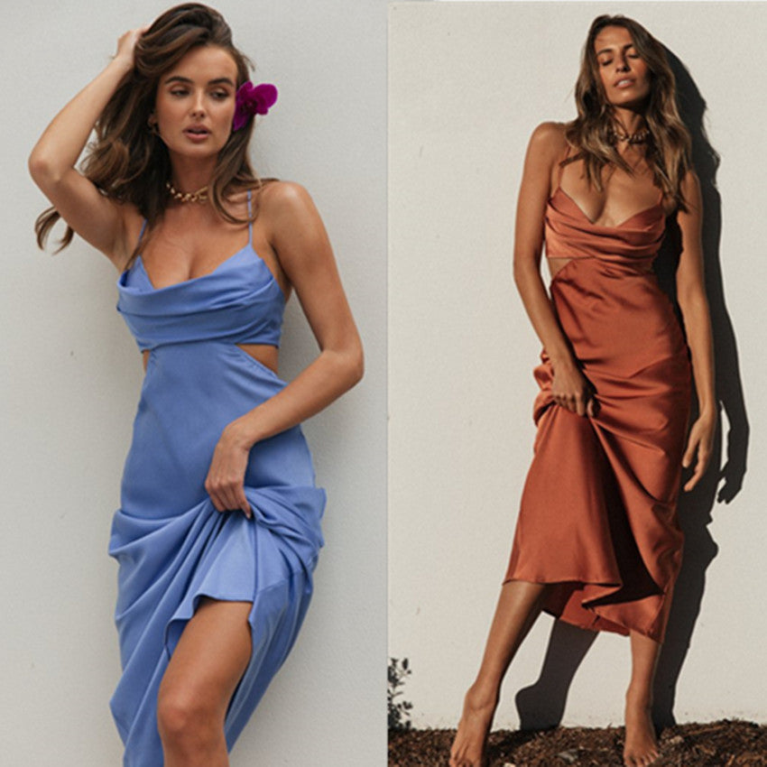 Elegant turtle neck satin club dress in solid polyester