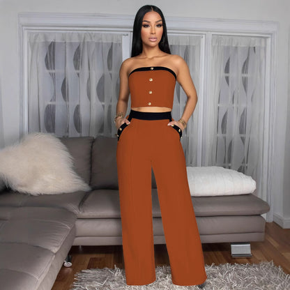 Corset Decorative Buttons Straight High Waist Wide Leg  Trousers Set