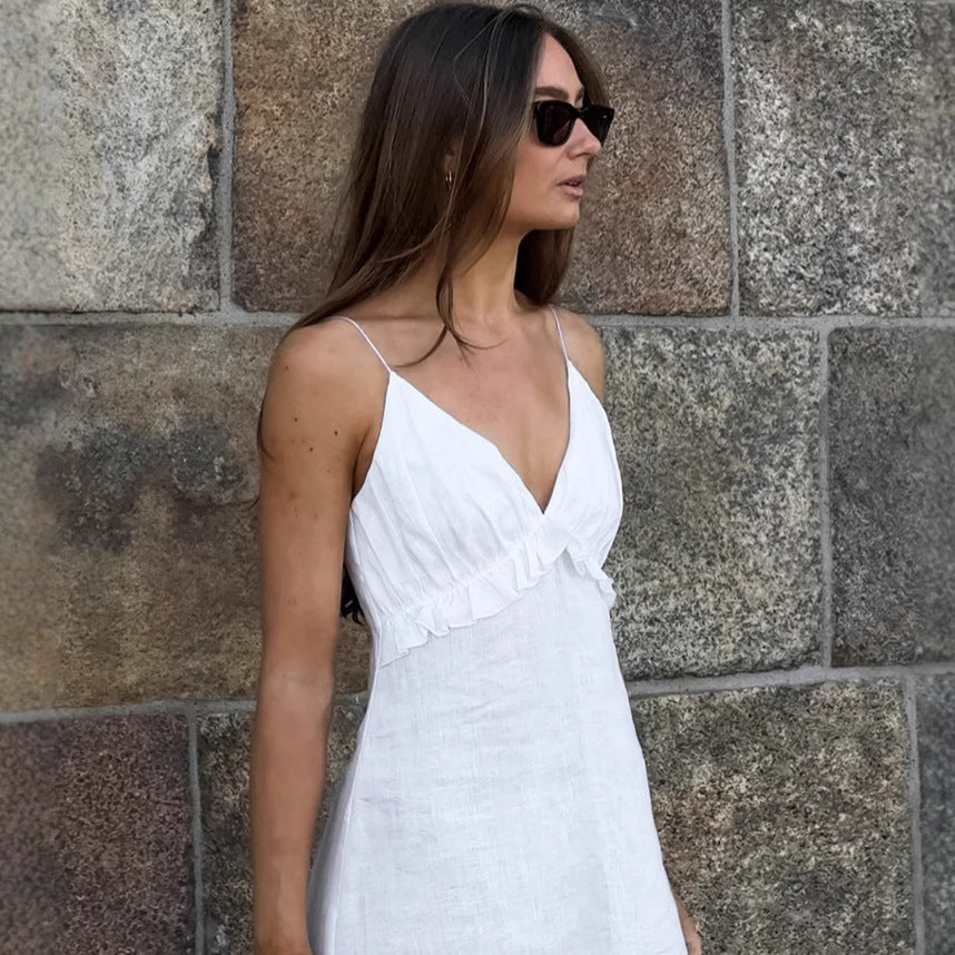 Maxi Dress Cotton Linen V neck  Loose