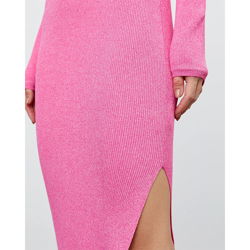 "High Waist Split Crew Neck Knitted Dress"