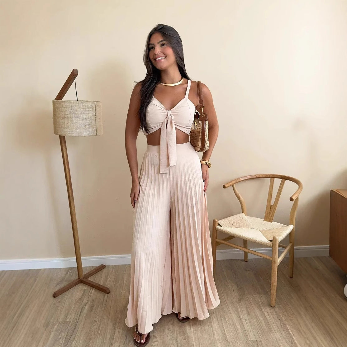 Pleated Loose Wide Leg Pants Two Piece Set