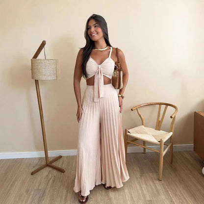 Pleated Loose Wide Leg Pants Two Piece Set