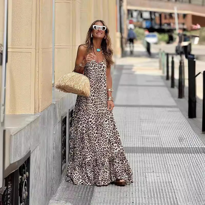 Leopard Print  V neck Halter Backless  Cami Dress
