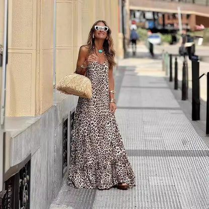 Leopard Print  V neck Halter Backless  Cami Dress