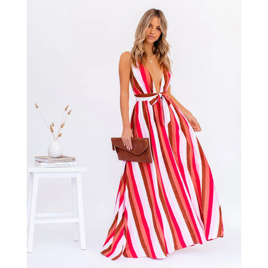 Deep V Plunge Striped Casual Dress  Loose