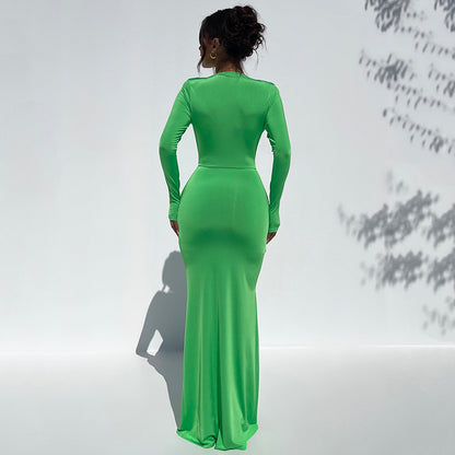Deep V Plunge neck Long Sleeve Dress  High Slit