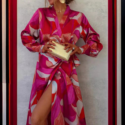 V Neck Self Tie Slit Long Sleeve Dress