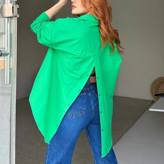 "Women's Solid Color Long Sleeve Back Slit T-Shirt"