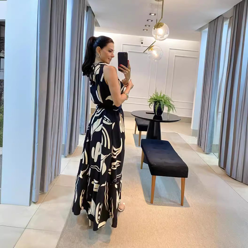"Black and White Printed Strap Mop Dress"