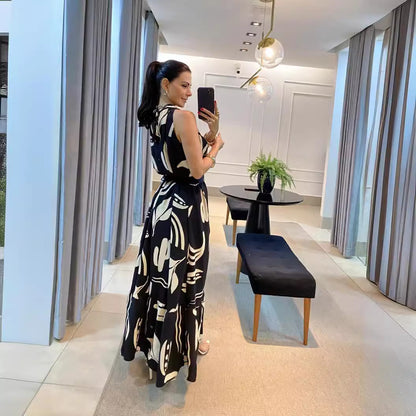 "Black and White Printed Strap Mop Dress"