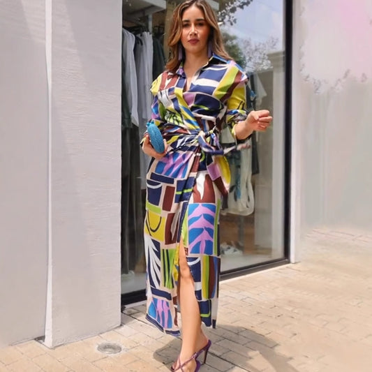 "Printed V-neck Belted Maxi Dress"