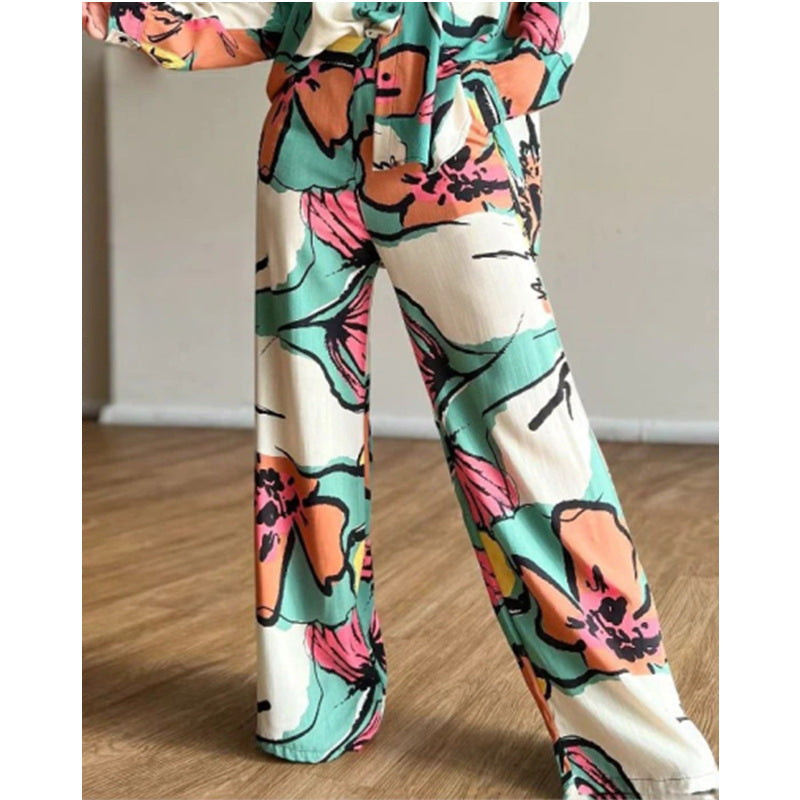 Printed  High Waist Wide Leg Pants Set