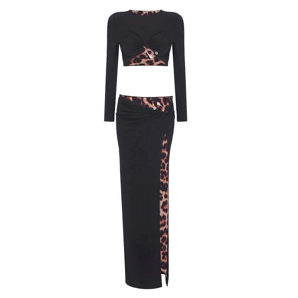 Black Leopard Print Lining Two-Piece Skirt Set