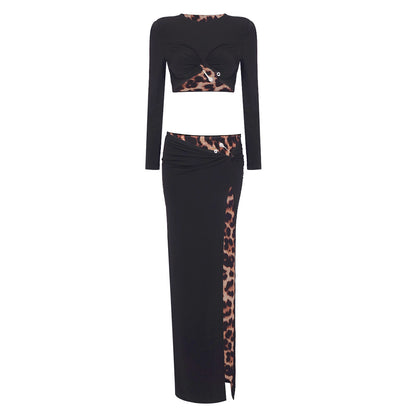 Black Leopard Print Lining Two-Piece Skirt Set