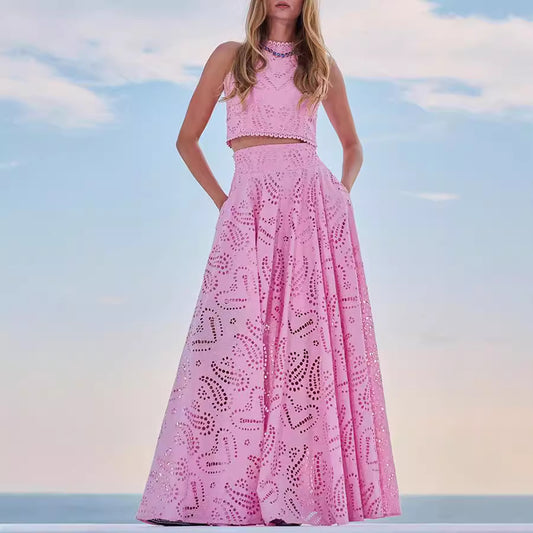Spring Summer Sleeveless Long Skirt Pocket Set
