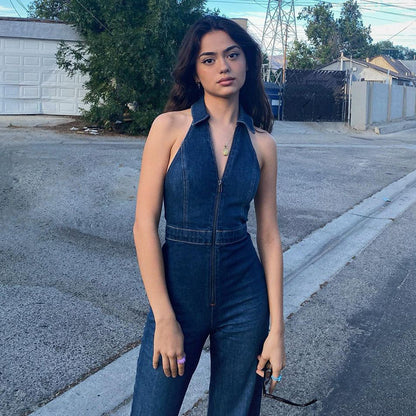 Zipper Sleeveless V-neck High Waist Retro Denim Jumpsuit