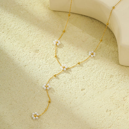 "Stainless Steel Pearl Floral Tassel Necklace – Non-Fading Jewelry"
