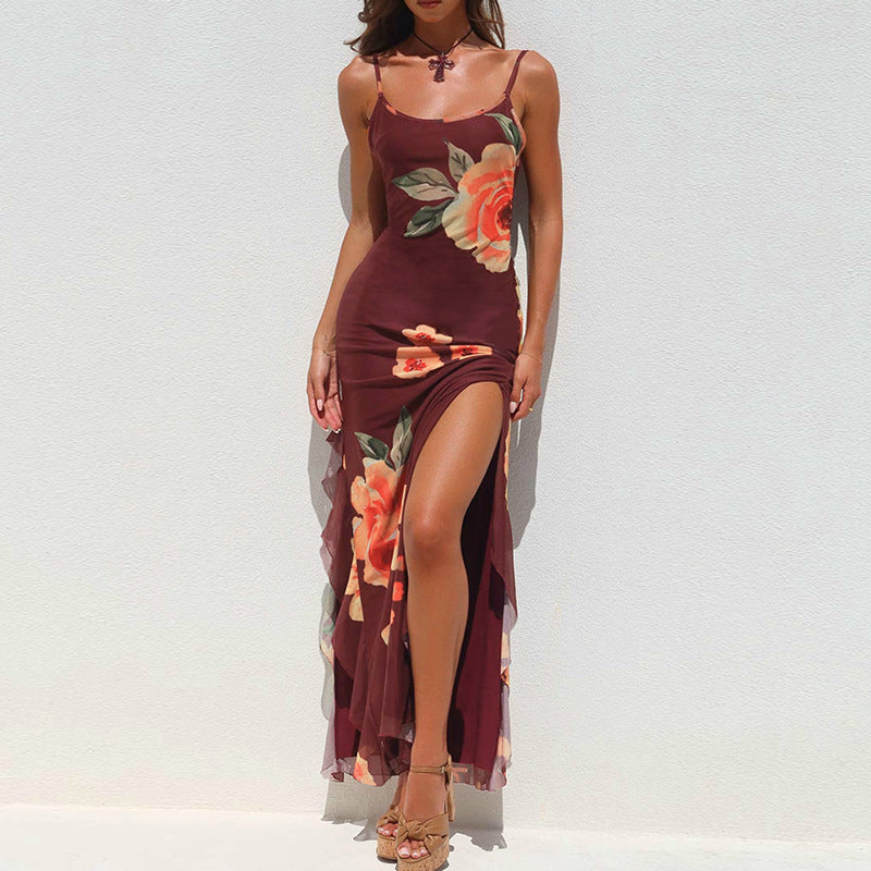 Sexy slim fit floral maxi dress with ruffle details and split hem