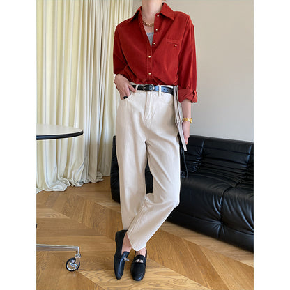 "Chic Corduroy Shirt Dress with Gold Buckle and Bandage Detail"
