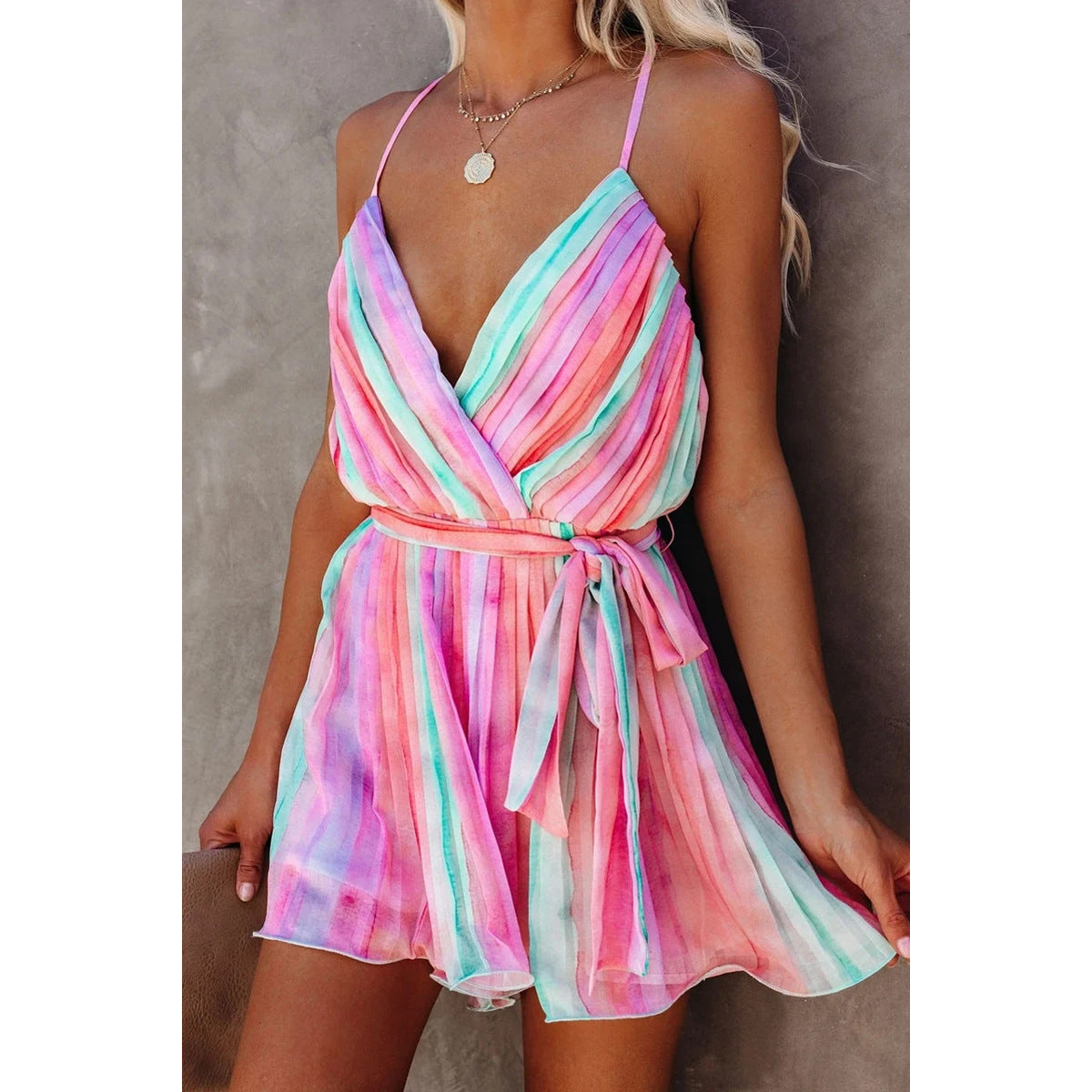 Pleated Chiffon Dress  V neck