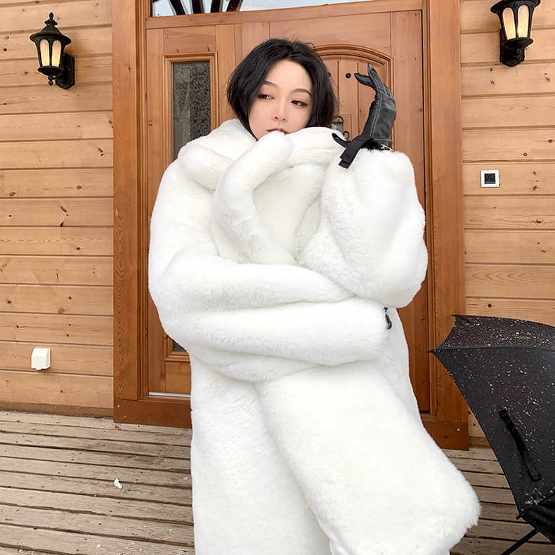 Korean Winter  Loose Faux Fur  Thick White Marten  Plush Overcoat